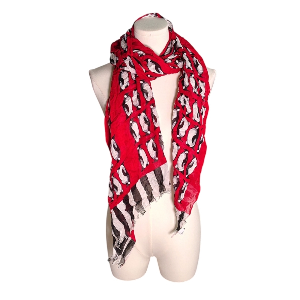 Vera Bradley Vintage Red and Black Lightweight Scarf With Giant Penguins